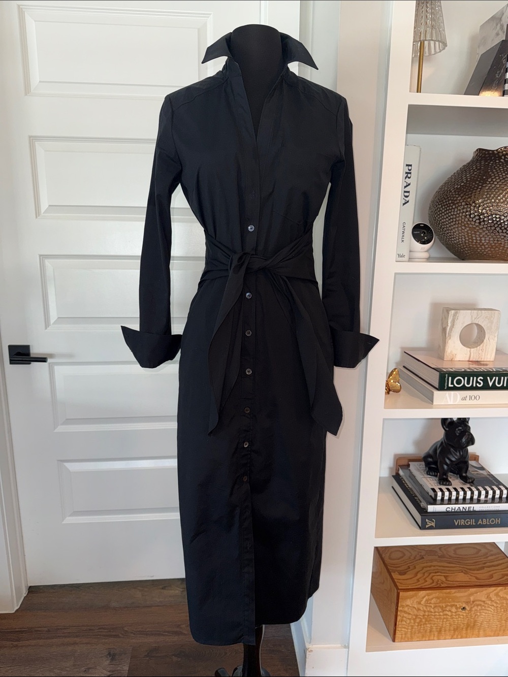 Veronica Beard Classic Black Button-Front Shirt Dress with Waist Tie